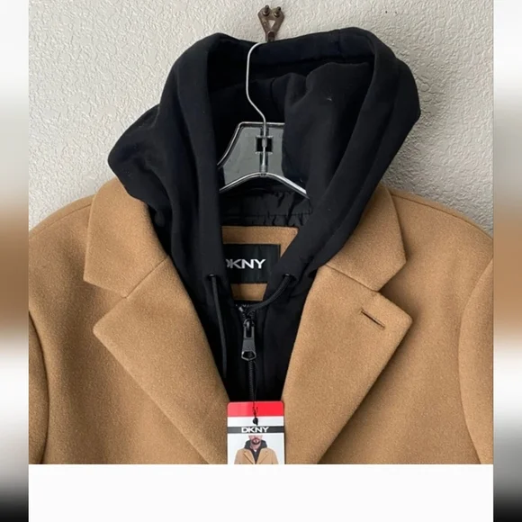 DKNY Mens Overcoat Tan Faux Wool Pockets Removable Bib Hood HeavyweightNwt